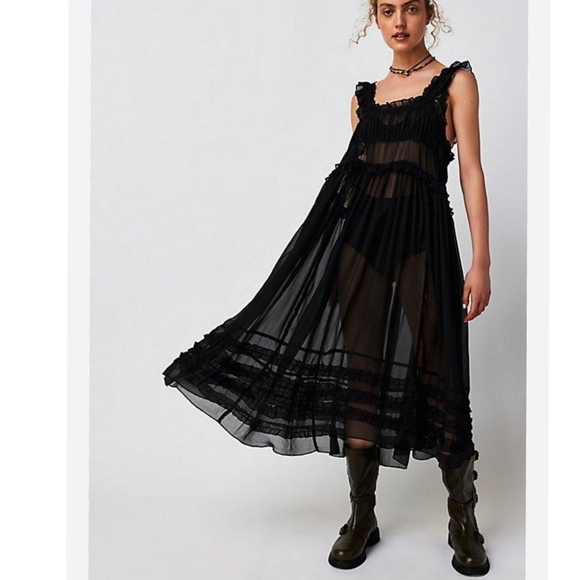 Free People Dresses & Skirts - Free People Moon Phase Midi Slip Black Sheer Boho Dress Size L